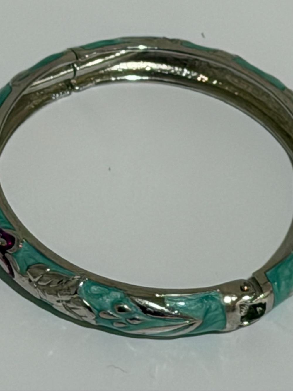 Turquoise Enamel Silver-Tone Floral Bangle Bracelet